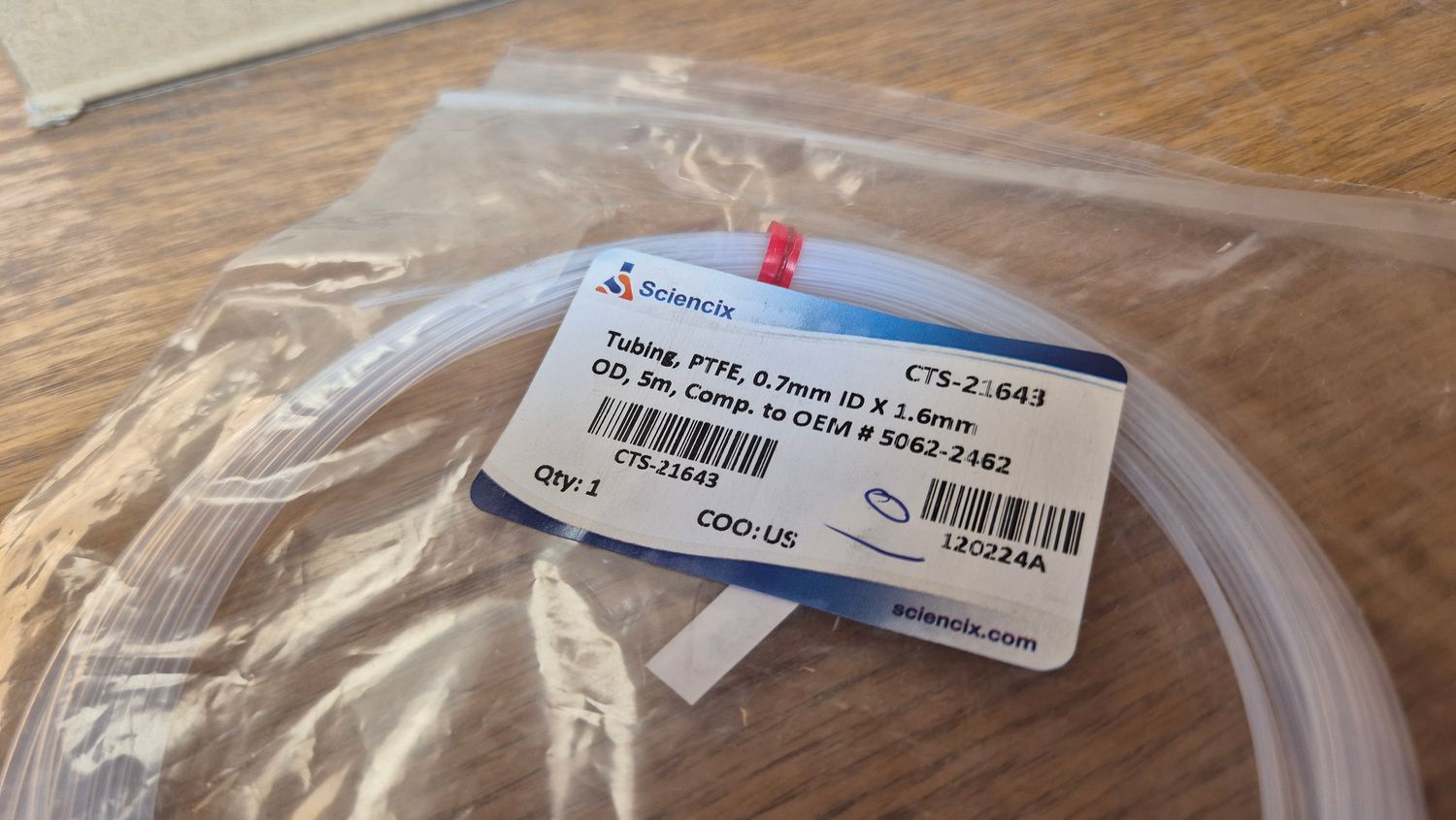 Sciencix PTFE Tubing, 0.7mm ID × 1.6mm OD, 5m | Comparable to OEM 5062-2462 | P/N CTS-21643