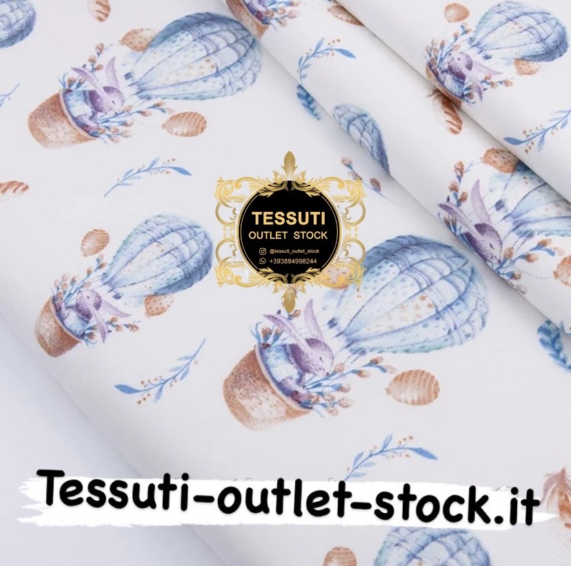 Cotone rasatello &quot;Coniglio su mongolfiera e piume&quot; su bianco , №2778с