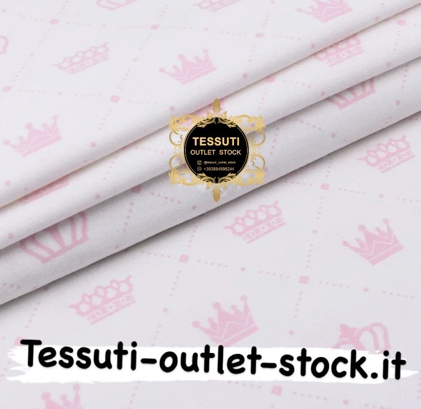 Flanella fantasia corone in diamanti punteggiati rosa su sfondo bianco, larghezza 240 cm