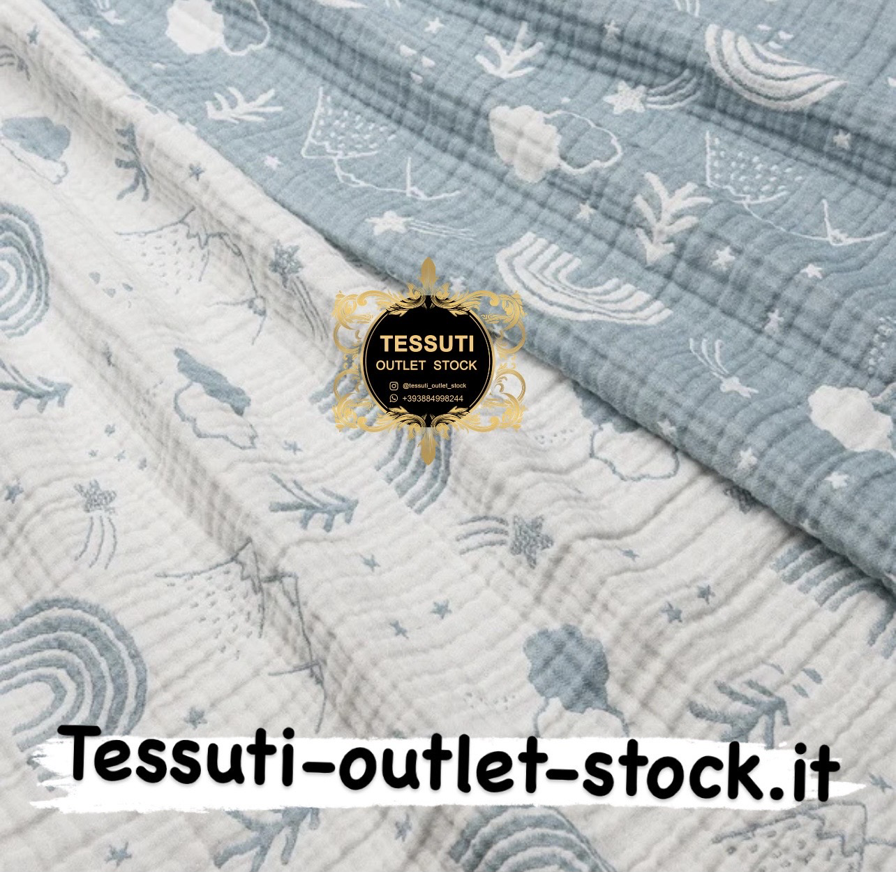 Mussola a quattro strati ( bilaterale ), con arcobaleni e montagne grigio-blu, larghezza 135 cm МС-4с-0277