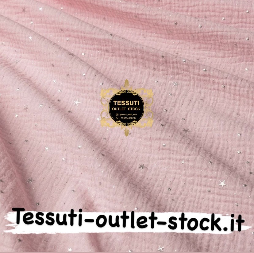 Mussola doppia garza con stelle argento su fondo rosa chiaro, larghezza 135 cm.  МС-D-0262
