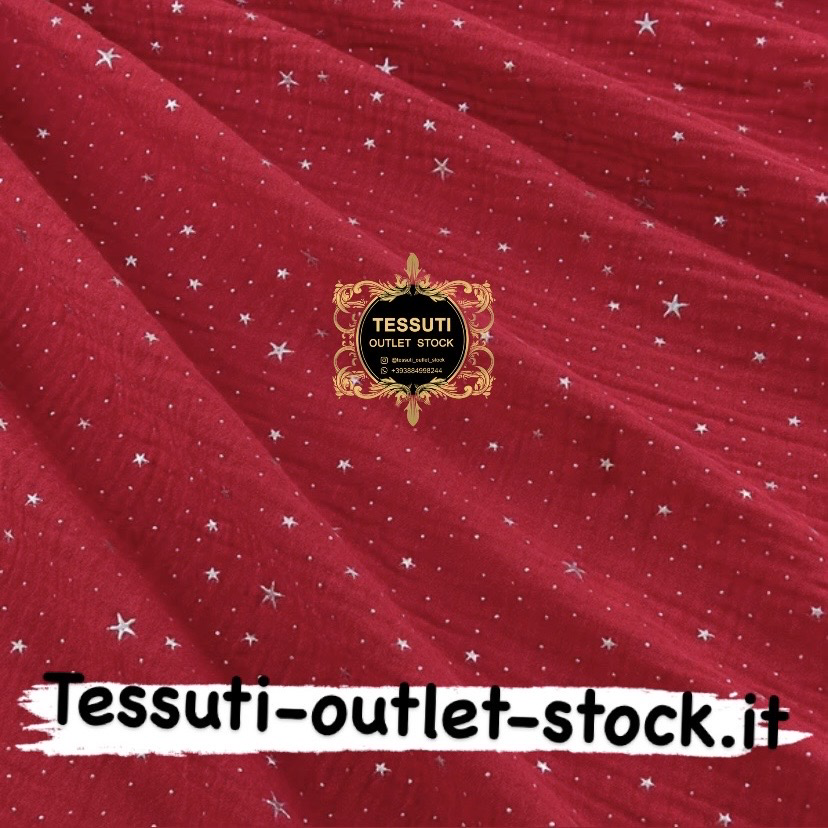Mussola  doppia garza con stelle argento su fondo rosso, larghezza 135 cm МС-D-0267