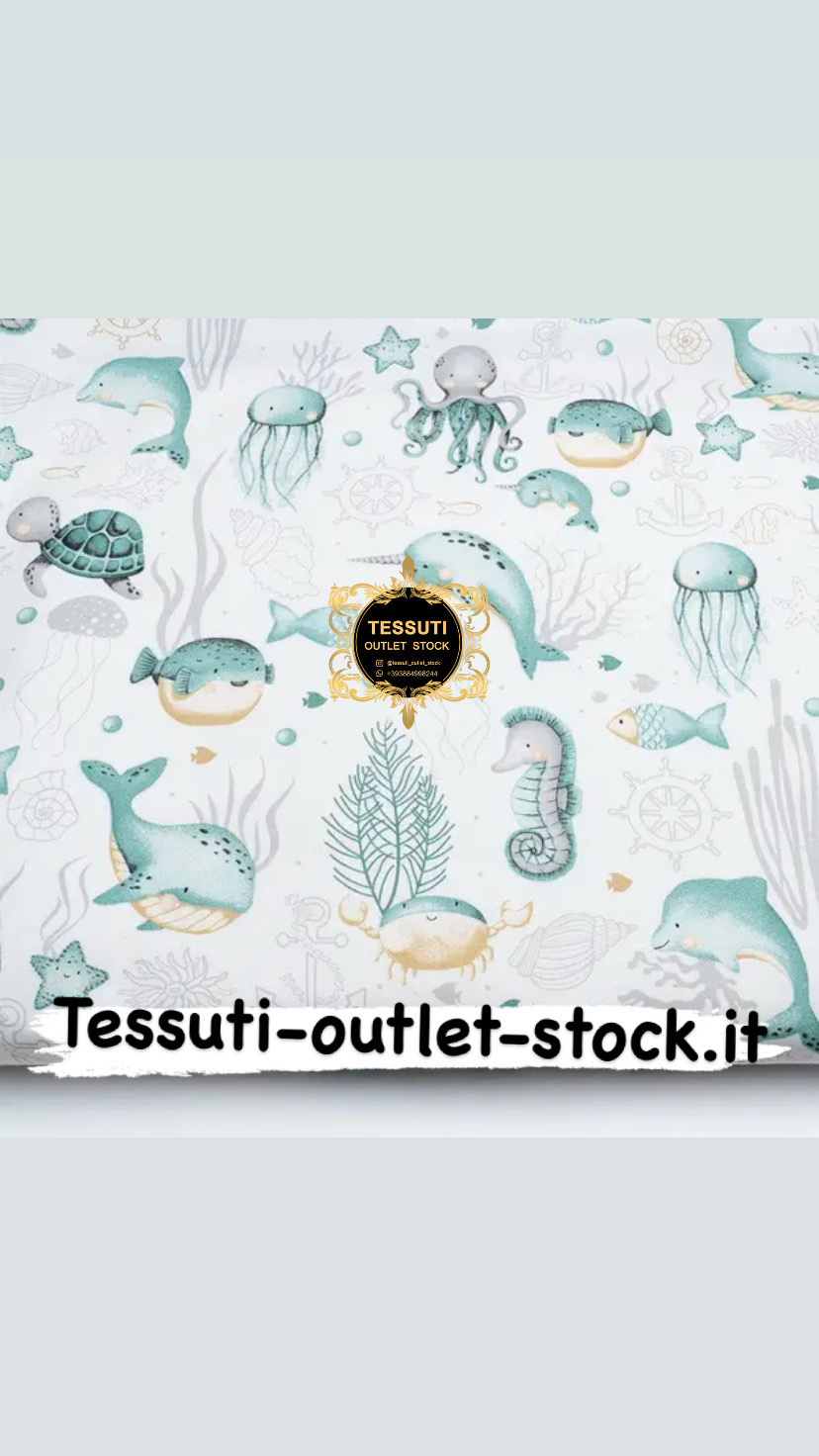 Tessuto calicò &quot;Cavallucci marini, tartarughe, meduse, balene&quot; verde su bianco (№4092)