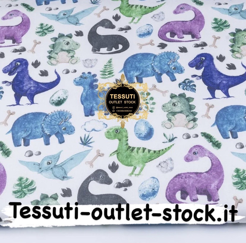 Tessuto Cotone&quot;Dinosauri e ossa&quot; viola e blu su fondo bianco (№3503)