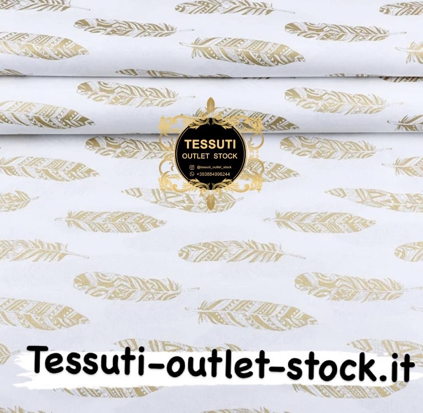 Tessuto cotone fantasia con motivo glitter &quot;Piume d&#39;oro&quot; su bianco (№2075)