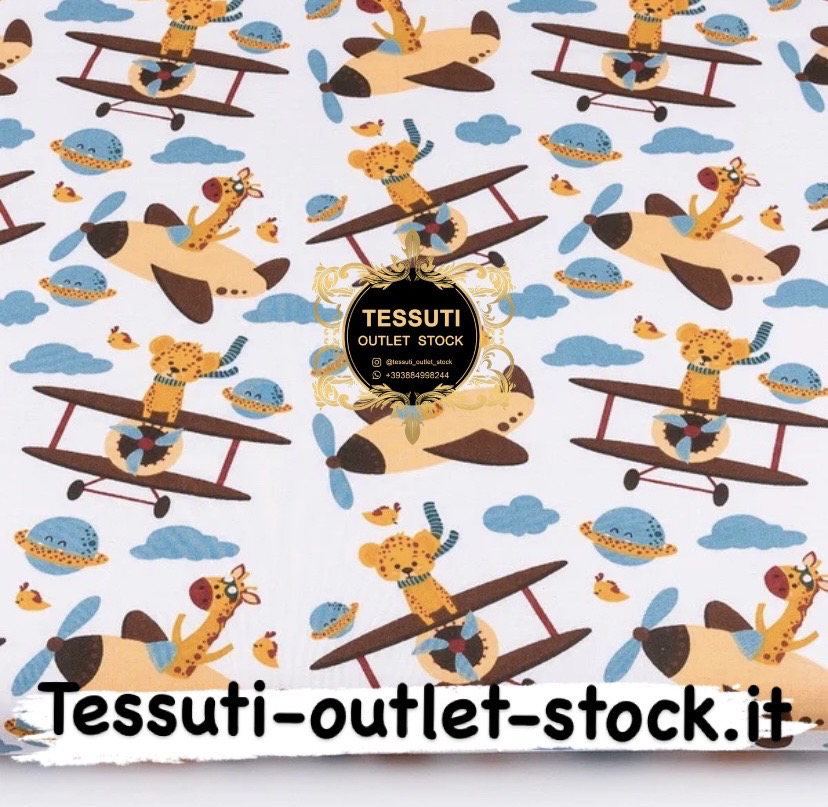 Tessuto Cotone  &quot;Giraffa e cucciolo di leone in aeroplani&quot; su sfondo bianco (№3373a)