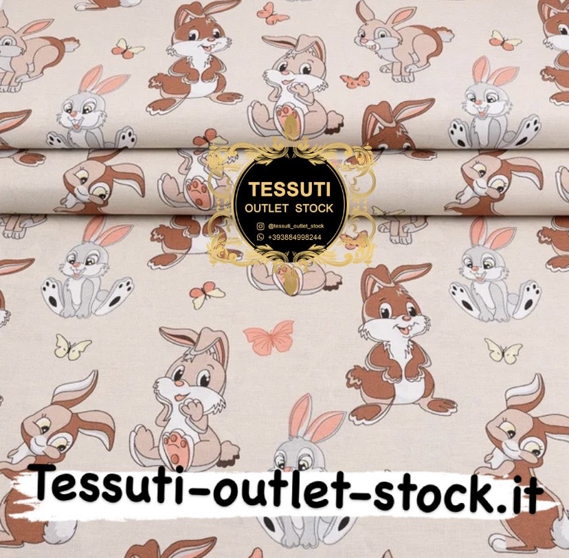 Tessuto di cotone 240 cm con motivo &quot;Conigli felici &quot; su beige (№2458)