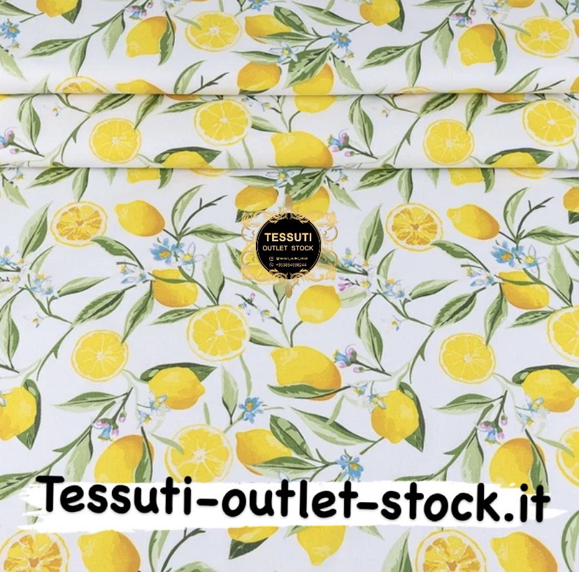 Tessuto di cotone 240 cm di larghezza &quot;Limoni con fiori blu&quot; su bianco (№3555)