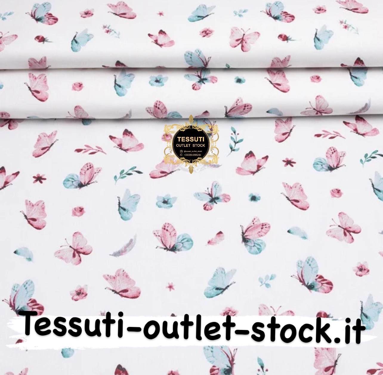 Tessuto di cotone 240 cm &quot;Farfalle svolazzanti&quot; rosa-menta su bianco (№3890)