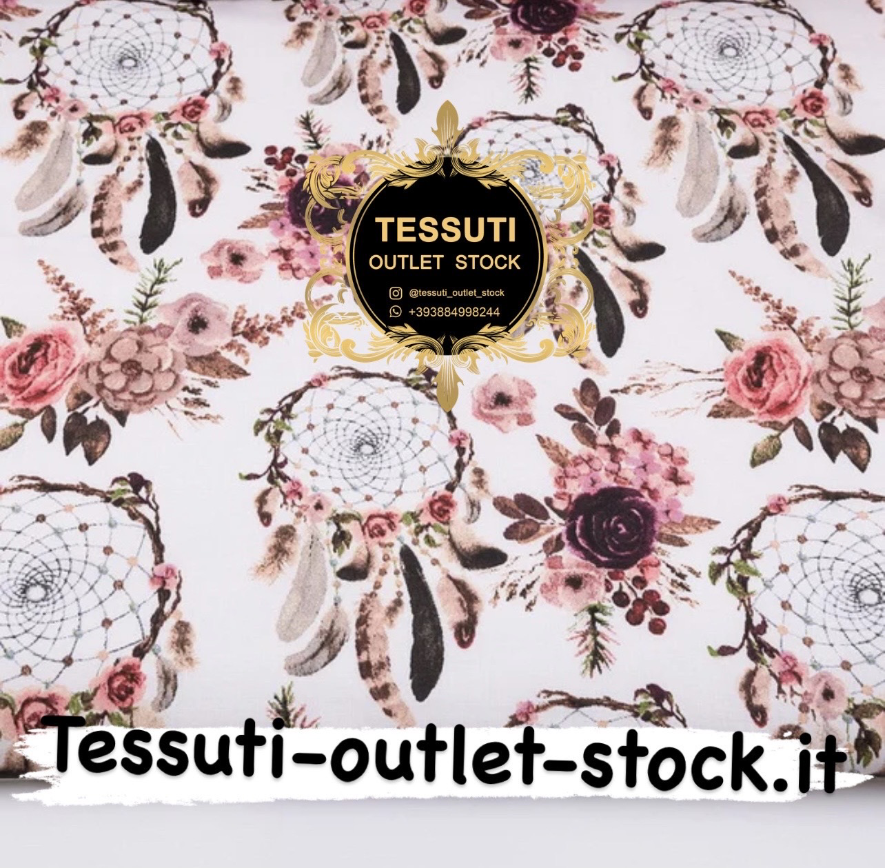 Tessuto di cotone  &quot;Acchiappasogni e fiori bordeaux&quot; su sfondo bianco №3050a