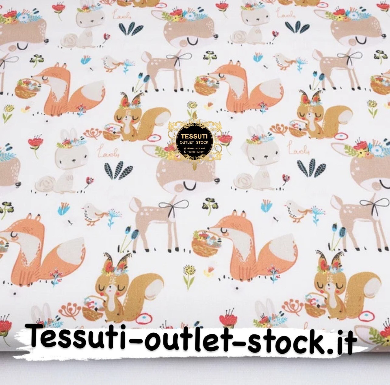 Tessuto di cotone &quot;Animali con cesto e fiori&quot; su sfondo bianco, №3893