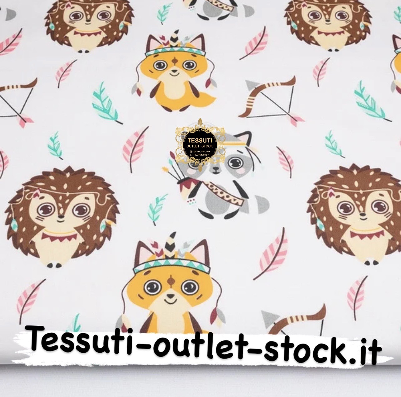 Tessuto di cotone  &quot;Animali e prati indiani&quot; su sfondo bianco, №3892