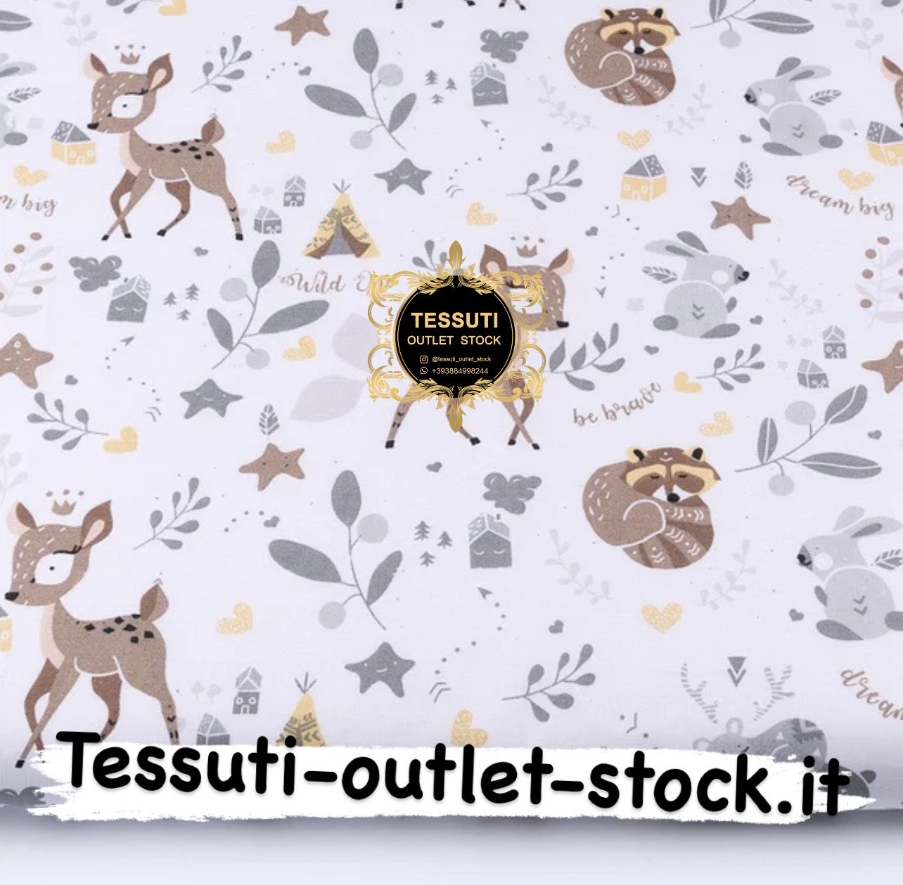 Tessuto di cotone &quot;Animali marroni e ramoscelli grigi&quot; su sfondo bianco №3421a