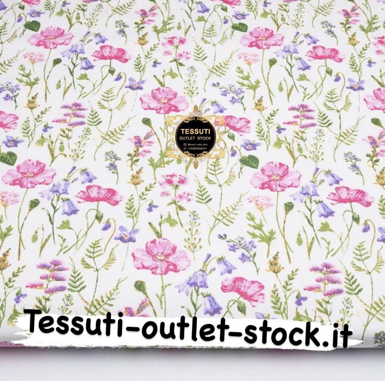 Tessuto di cotone &quot;Campane lilla e papaveri rosa&quot; su sfondo bianco, №3891
