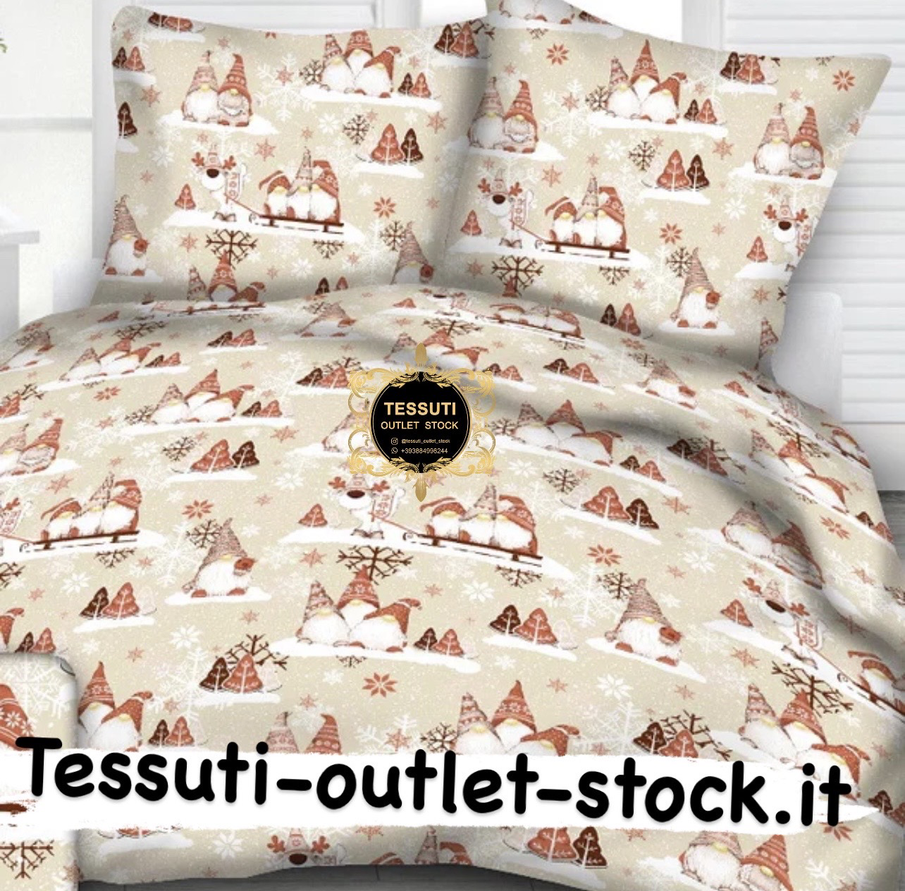 Tessuto di cotone Capodanno &quot;Trio di gnomi scandinavi&quot; marrone su beige №3903