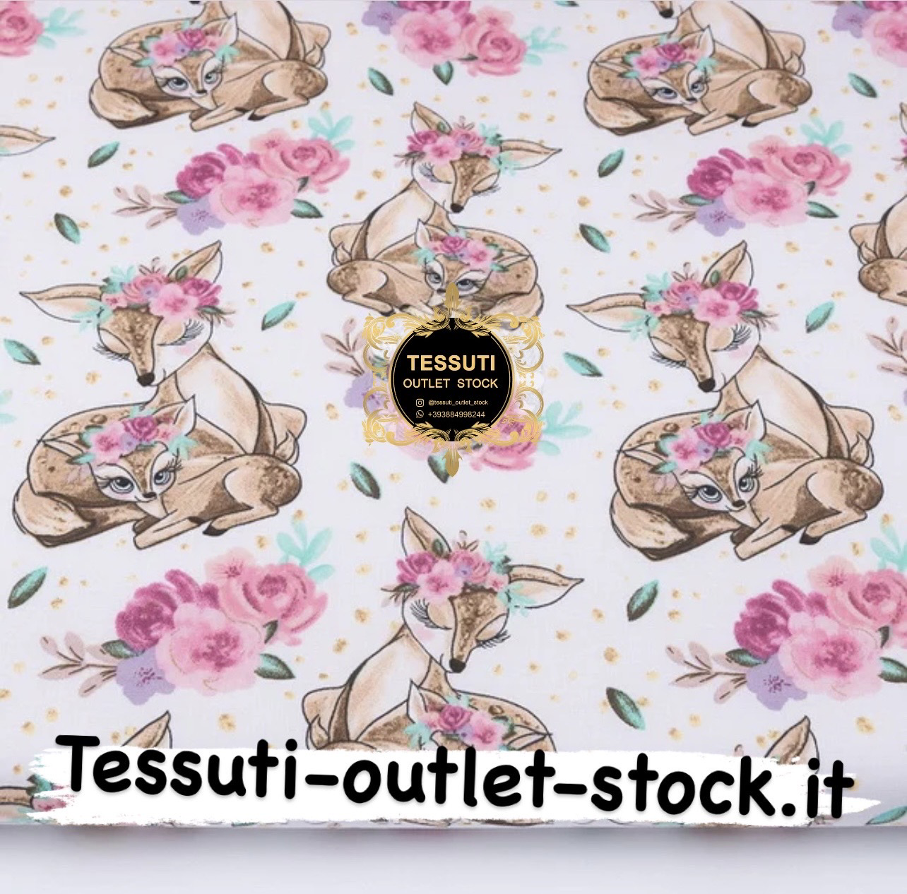 Tessuto di cotone &quot;Capriolo con ghirlande di fiori&quot; marrone su bianco (№2227)