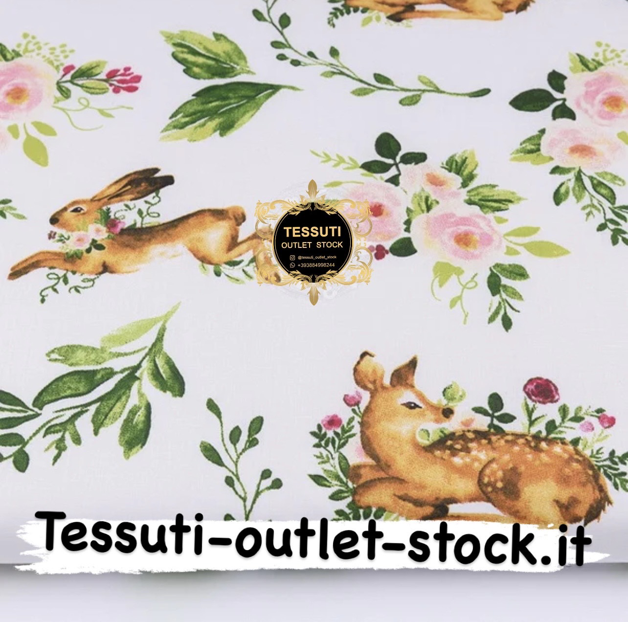 Tessuto di cotone &quot;Capriolo e coniglietto in fiori&quot; su sfondo bianco, № 2707a