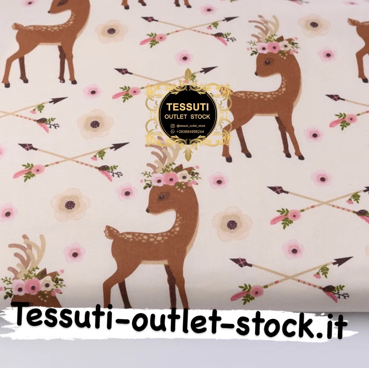 Tessuto di cotone &quot;Capriolo e frecce&quot;, sfondo beige, № 2669