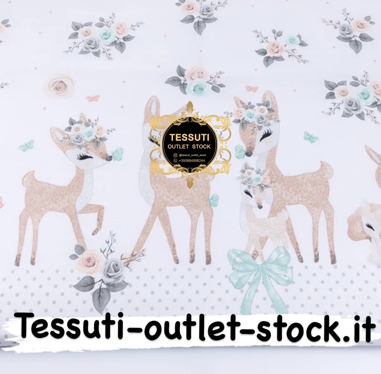 Tessuto di cotone &quot;Capriolo e rose&quot; bianco, collezione Vintage, № 2811a