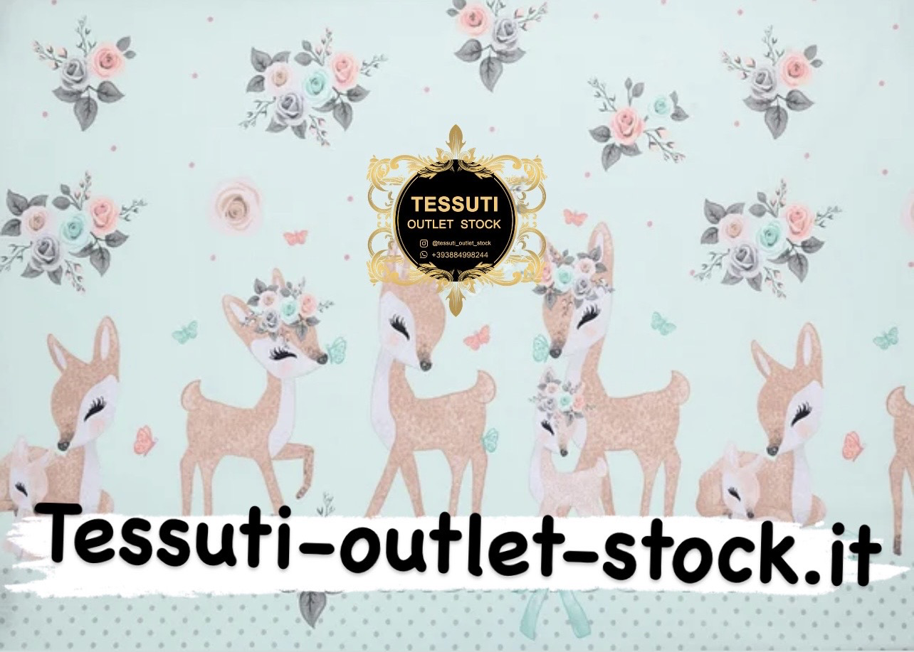 Tessuto di cotone &quot;Capriolo e rose&quot; menta, collezione Vintage, &quot;2810a