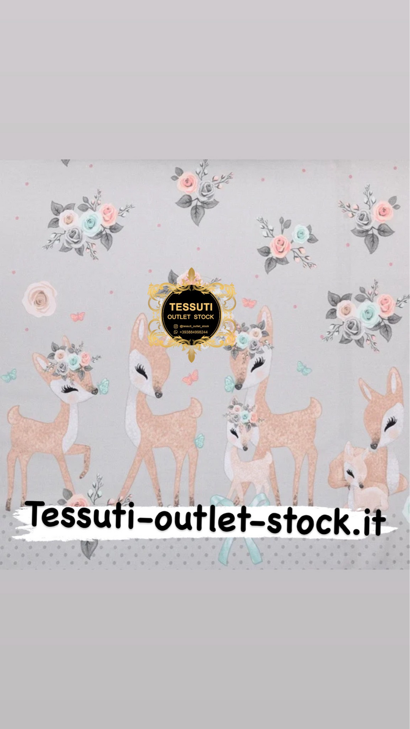 Tessuto di cotone &quot;Capriolo e rose&quot; su grigio, collezione Vintage, &quot;2812a