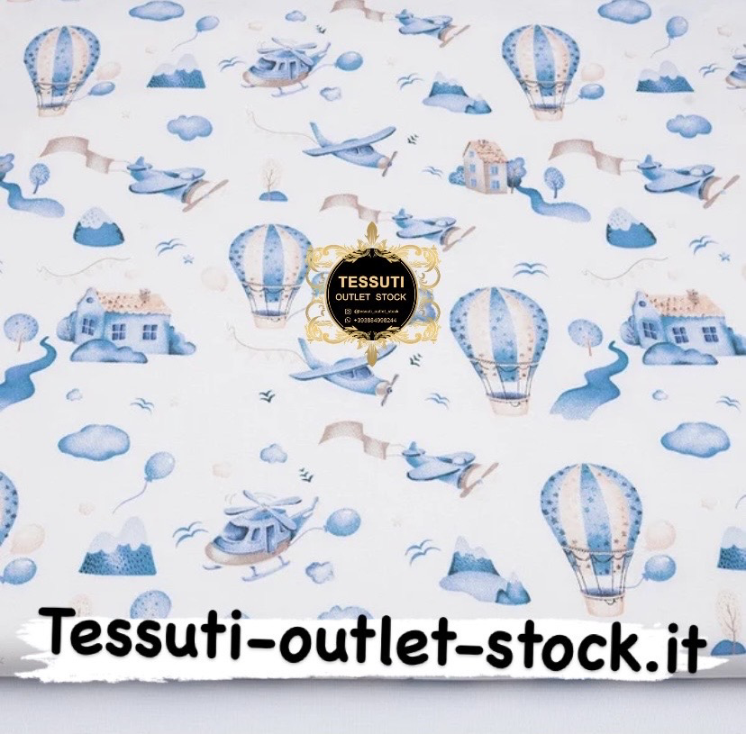 Tessuto di cotone &quot;Case, palloncini ed elicotteri&quot; turchese scuro su sfondo bianco, № 3859
