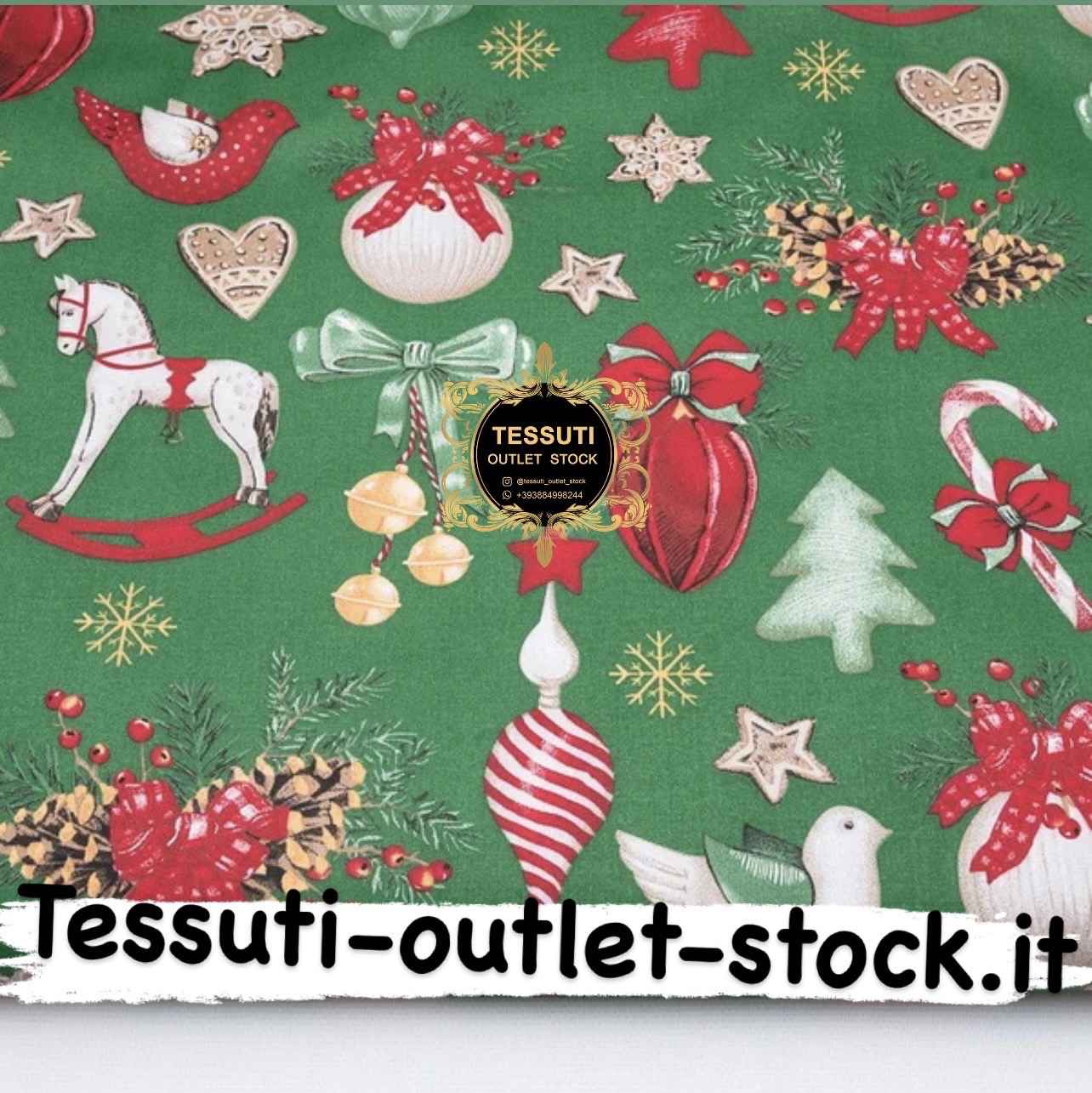Tessuto di cotone  &quot;Cavalli e giocattoli di Natale&quot; su sfondo verde №3899