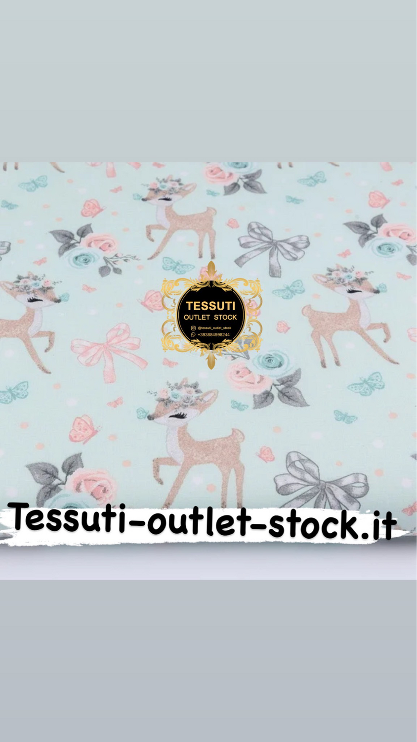 Tessuto di cotone con capriolo, rose, fiocchi su menta, collezione Vintage, № 2695а
