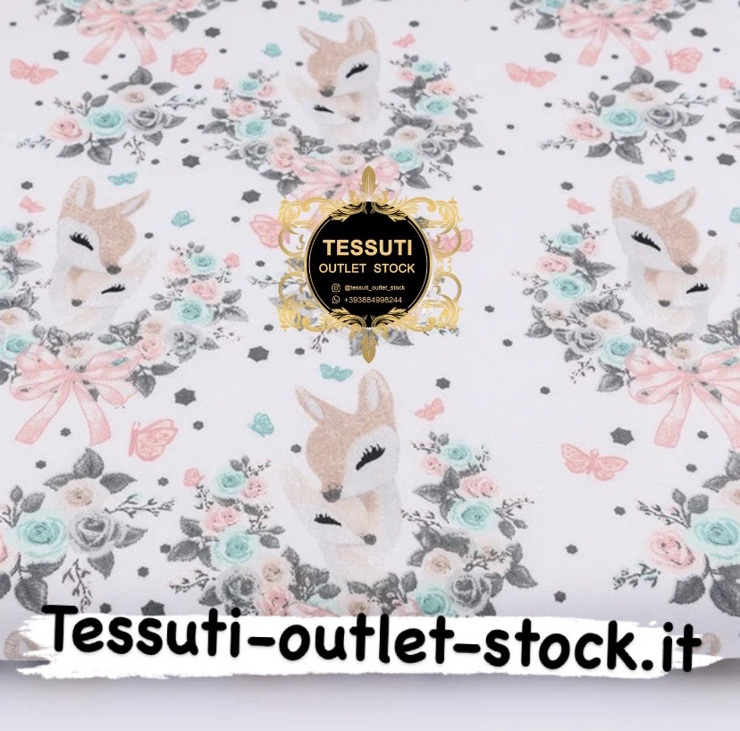 Tessuto di cotone con cerbiatto in corolla su sfondo bianco, collezione Vintage, № 2696a