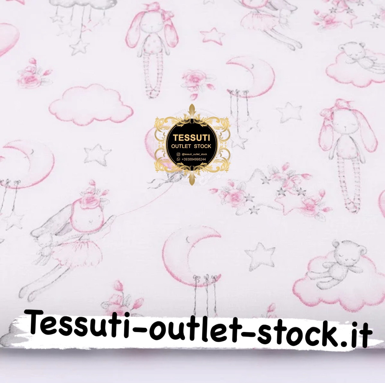 Tessuto di cotone  &quot;Conigli con una palla di cuore&quot; rosa su sfondo bianco, № 2723a