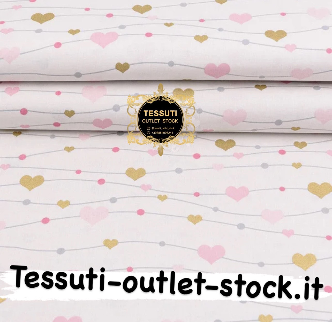 Tessuto di cotone con motivo glitter &quot;Cuori su linee con perline&quot; rosa dorato su bianco (№2460)