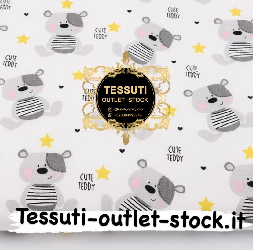 Tessuto di cotone  con orsi grigi e stelle gialle &quot;Gute Teddy&quot; № 2448а
