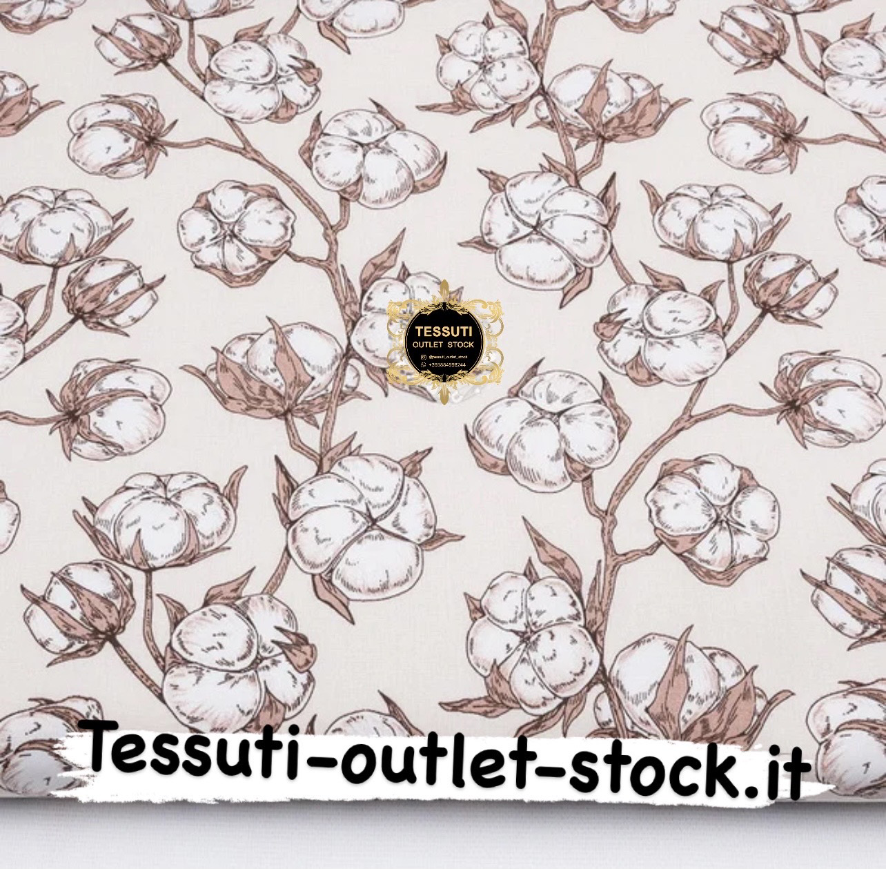 Tessuto di cotone  &quot;Cotone su un ramo&quot; su fondo beige, №3901