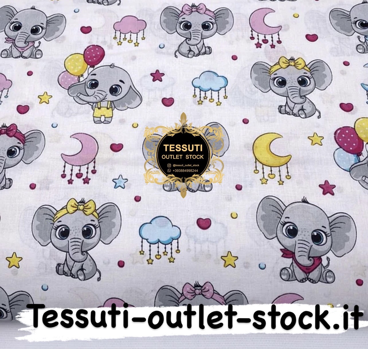 Tessuto di cotone &quot;Elefanti con palle, nuvole, luna&quot; su sfondo bianco, №3907