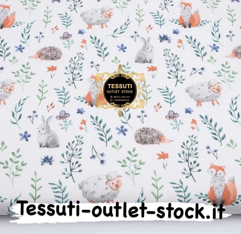 Tessuto di cotone &quot;Fantaloni arancioni, coniglietti, ricci e fiori blu&quot; su sfondo bianco, №3827