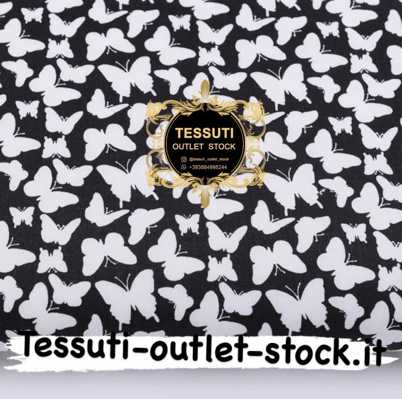 Tessuto di cotone &quot;Farfalle&quot; bianco su fondo nero e (№ 2940a)