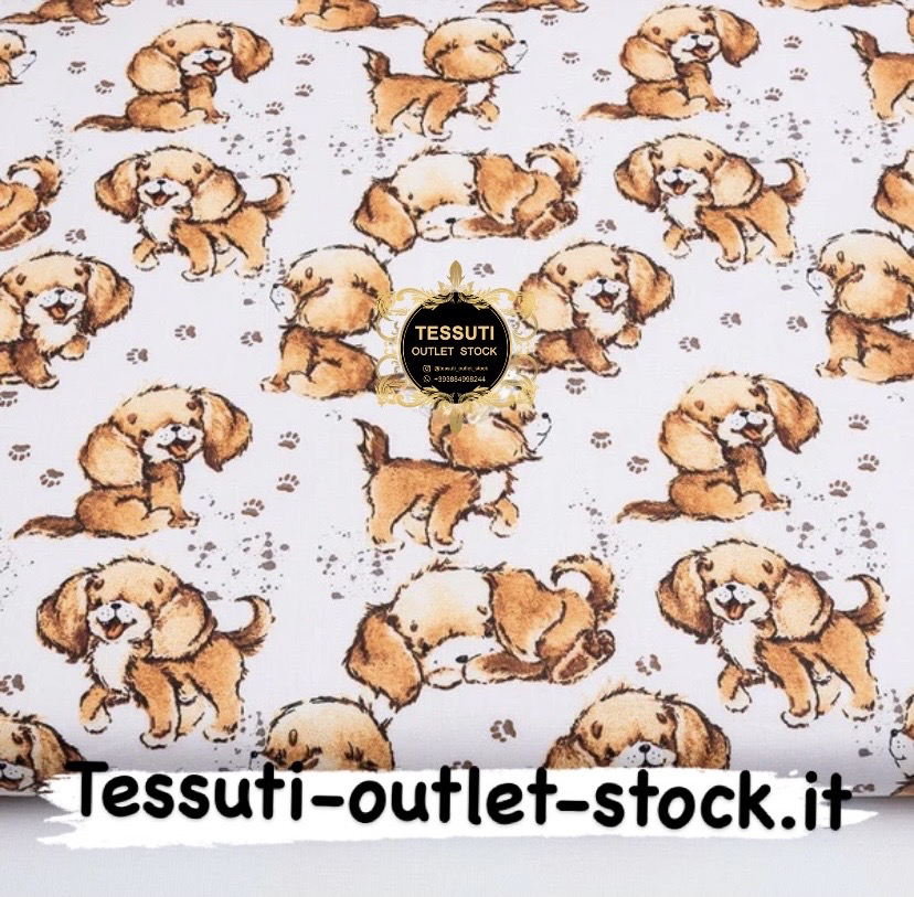 Tessuto di cotone &quot;Felici spaniel e impronte&quot; su sfondo bianco, №3829