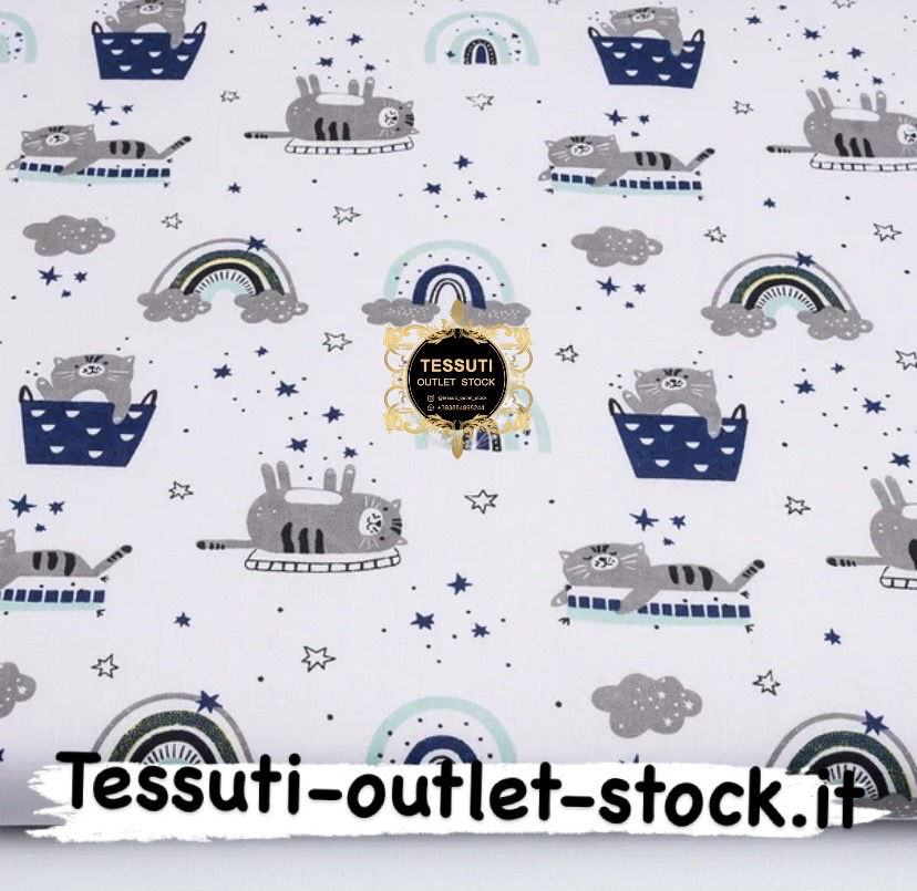 Tessuto di cotone &quot;Gatti pigri in un cestino blu&quot; su sfondo bianco, №3833