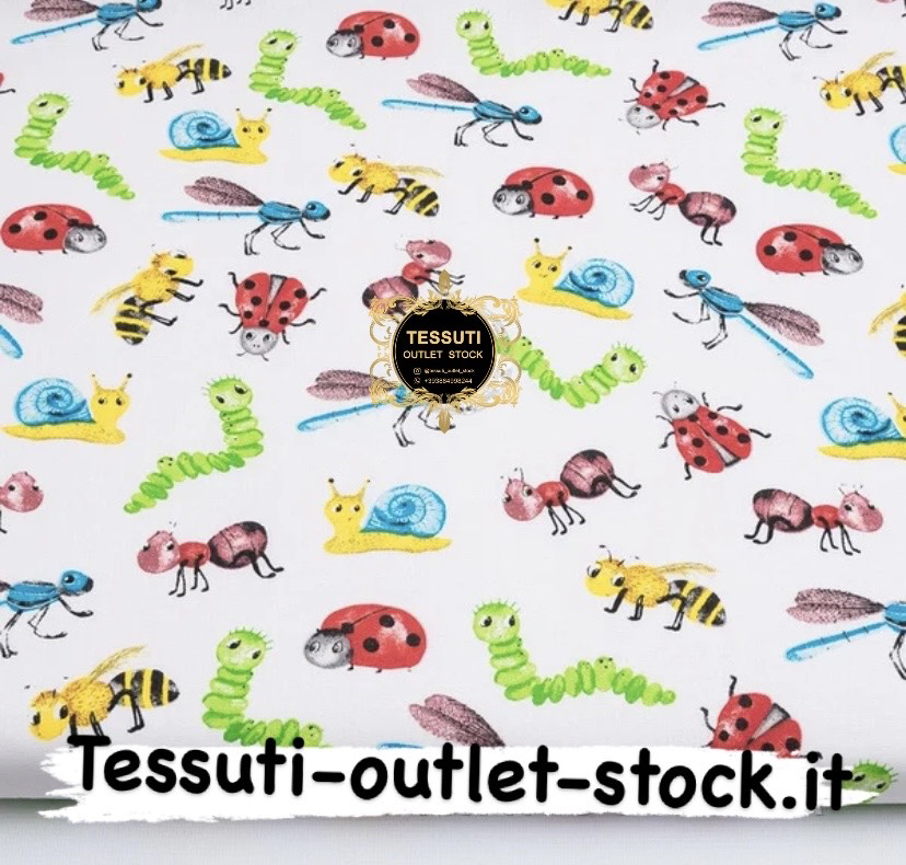 Tessuto di cotone &quot;Insetti multicolori&quot; su sfondo bianco, №3832