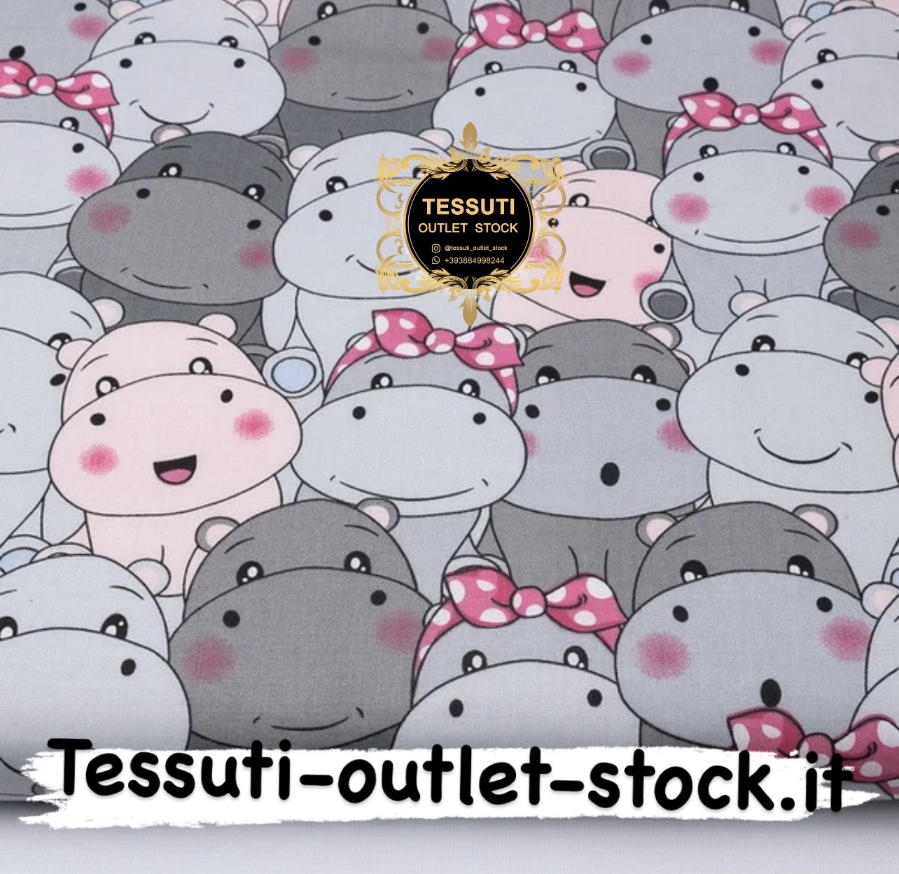 Tessuto di cotone &quot;Ippopotami in cinema” grigio-rosa, №3811