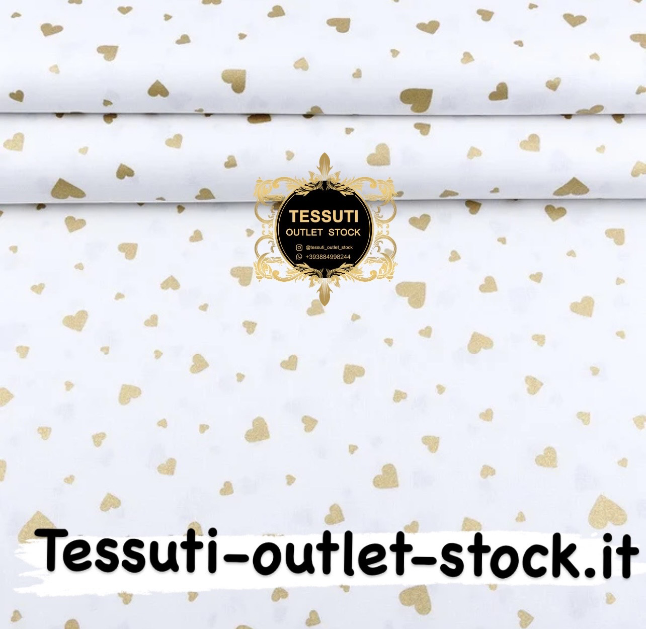 Tessuto di cotone largo 240 cm con motivo glitter &quot;Cuori di diverse dimensioni&quot; dorato su bianco (№2073)