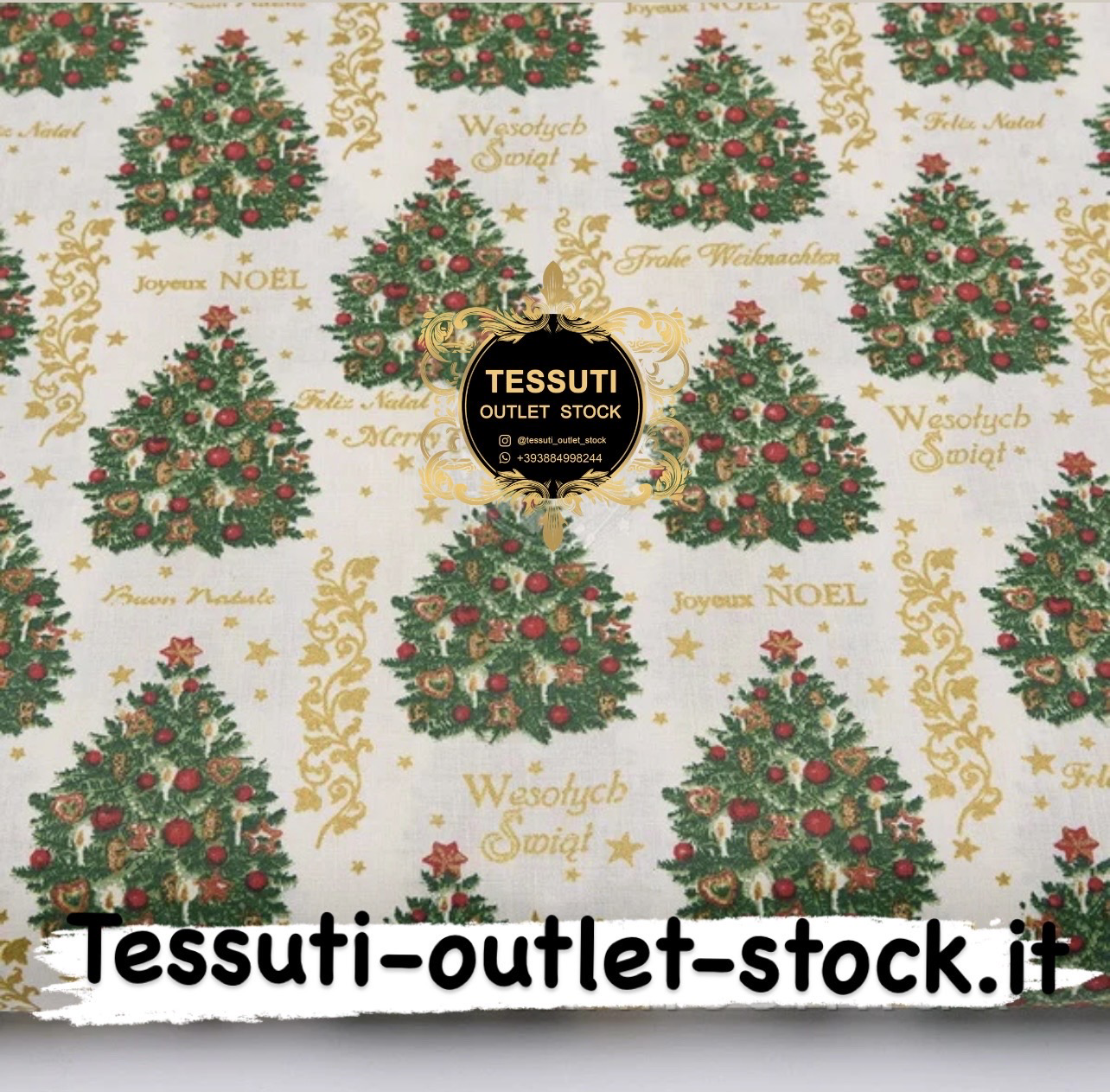 Tessuto di cotone natalizio con disegno glitterato &quot;Holiday Christmas tree&quot; su crema, &quot;2482