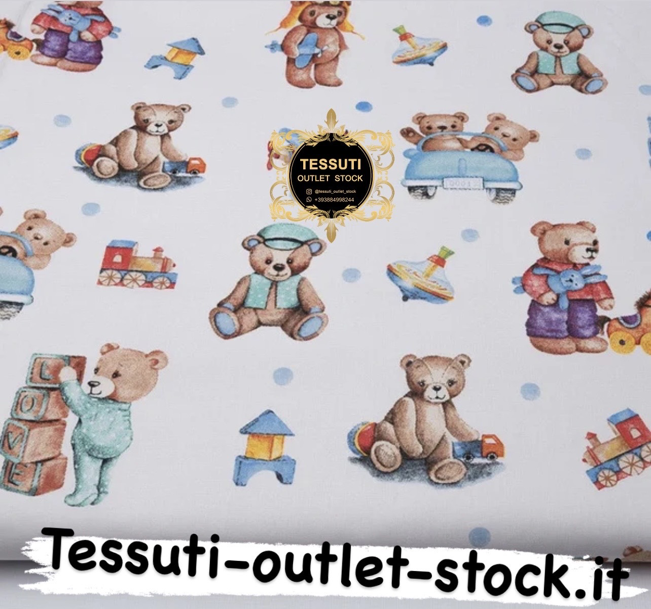 Tessuto di cotone &quot;Orsi con giocattoli&quot; su sfondo bianco №3797