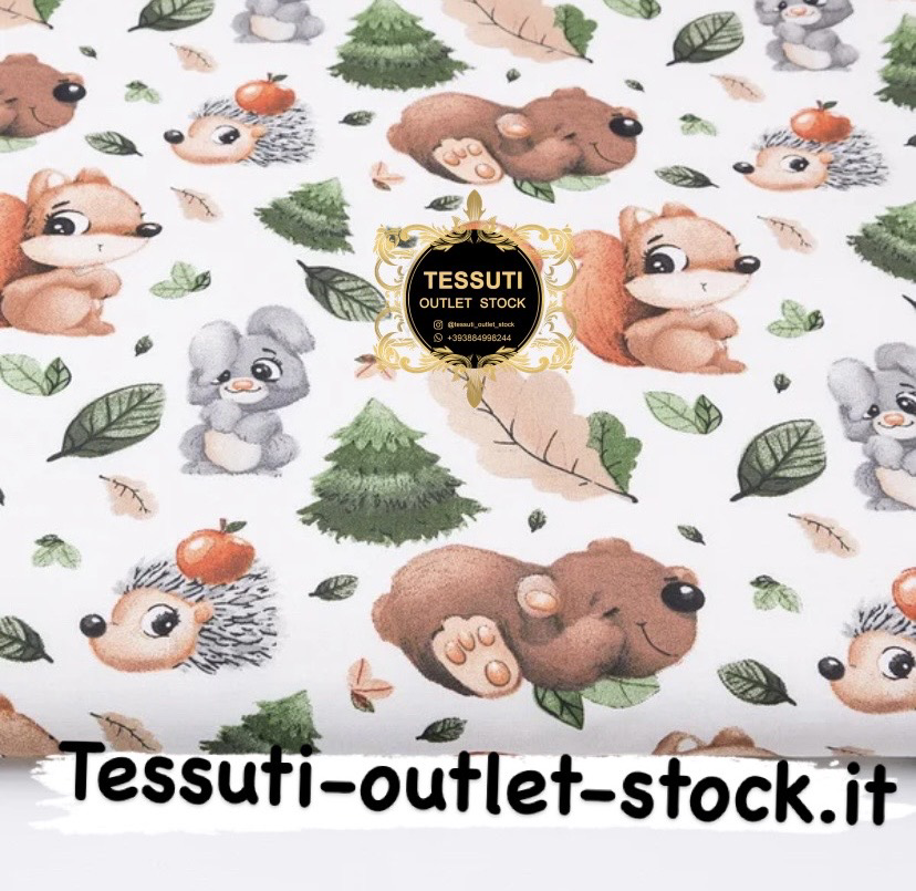 Tessuto di cotone &quot;Orsi e foglie di quercia&quot; su sfondo bianco №3049a