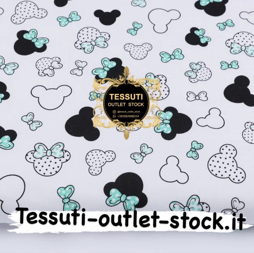Tessuto di cotone &quot;Piccolo Topolino con fiocco alla menta&quot; su sfondo bianco, №2825