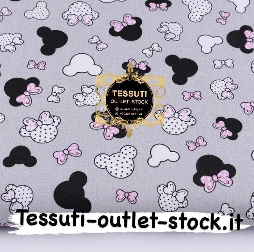 Tessuto di cotone &quot;Piccolo Topolino con fiocco rosa&quot; su sfondo grigio, №2820