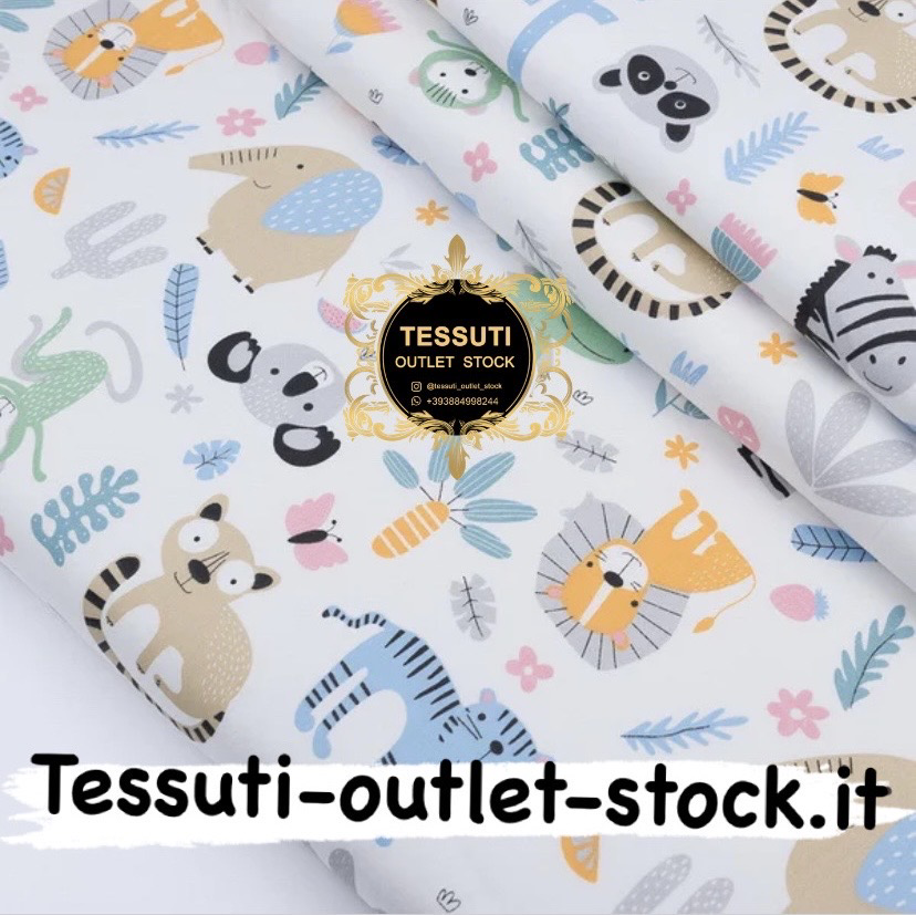 Tessuto di cotone rasatello &quot;Africa&quot; ​​​​con vari animali su bianco, 3178c