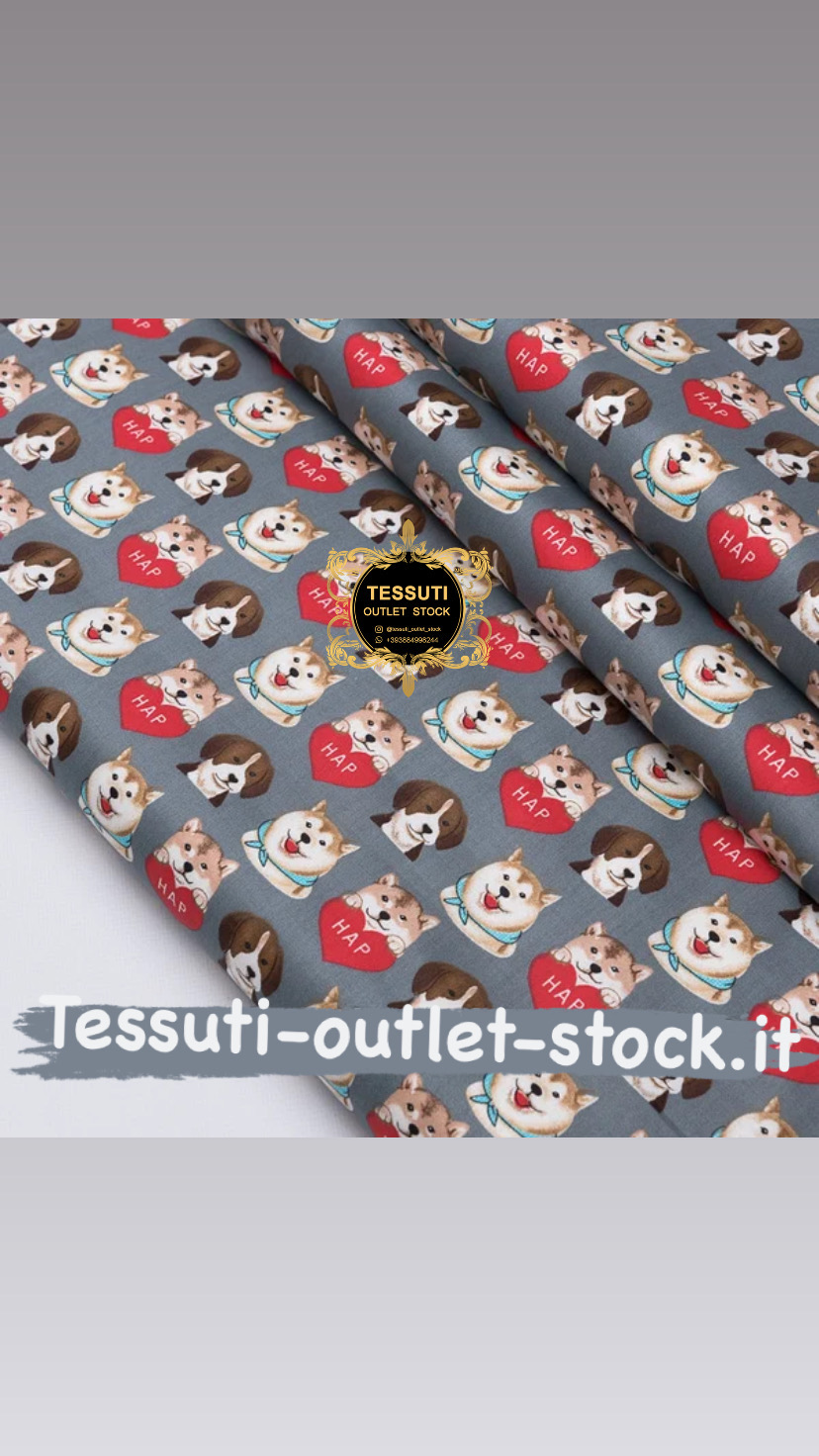 Tessuto di cotone rasatello &quot;Cani con cuori rossi&quot; su sfondo grigio, №3711c