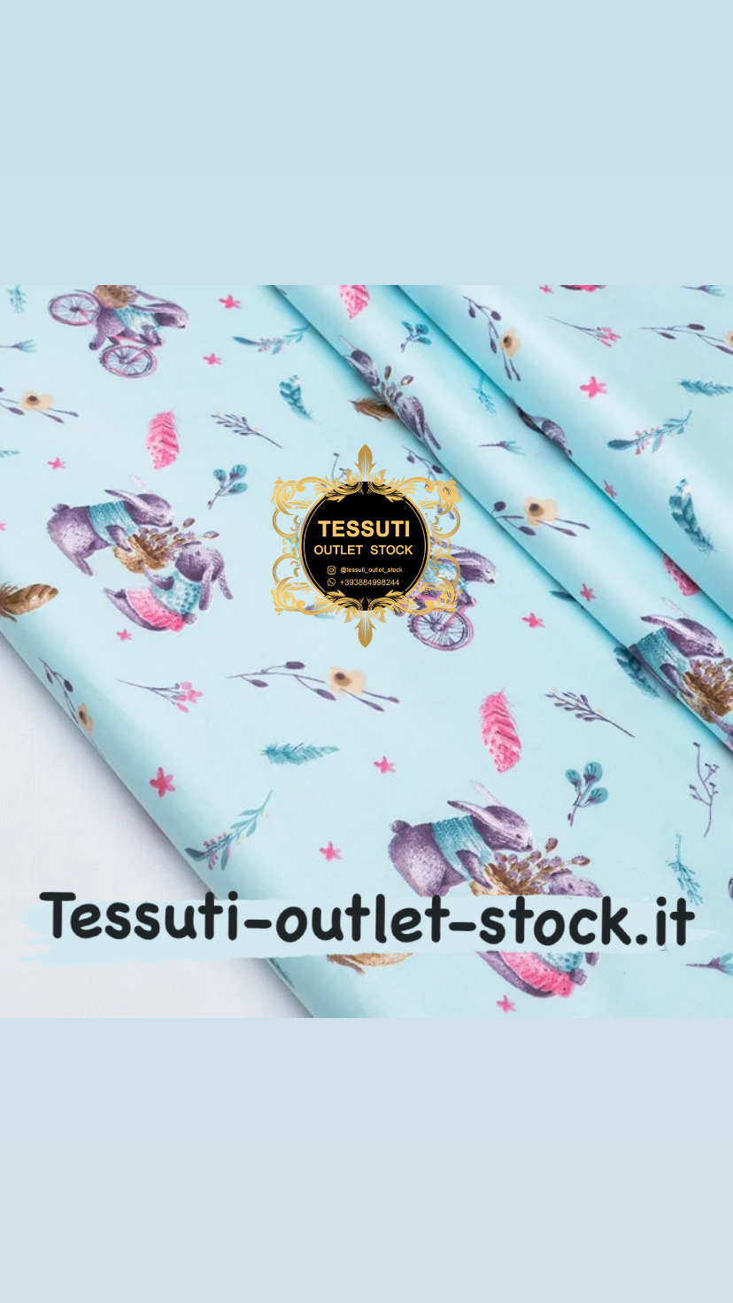 Tessuto di cotone rasatello &quot;Coniglietti primaverili in bicicletta&quot; su uno sfondo turchese, №3638c