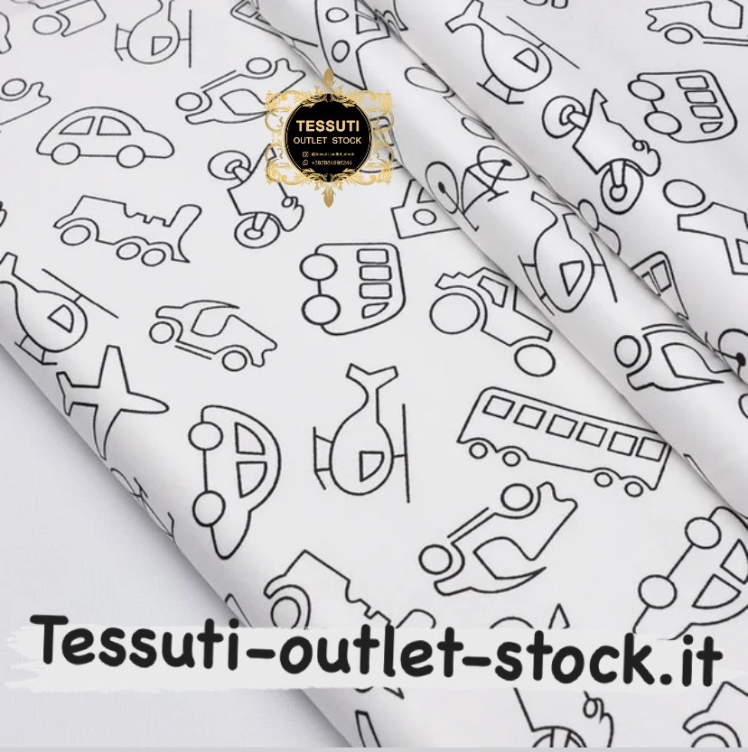 Tessuto di cotone rasatello &quot;Contorni di veicoli&quot; nero su bianco, №3713c